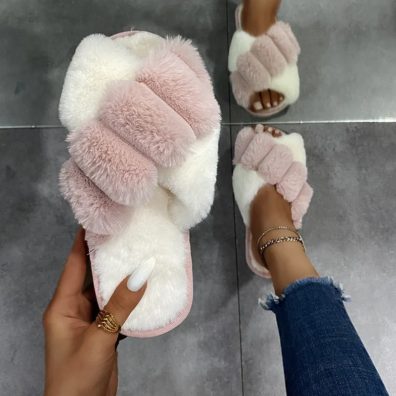 Newest Mixed Colors Fluffy Slippers Autumn Winter Home Slippers Women Furry Fur Slides Outdoor Women's Sandals 2021 Flip Flops