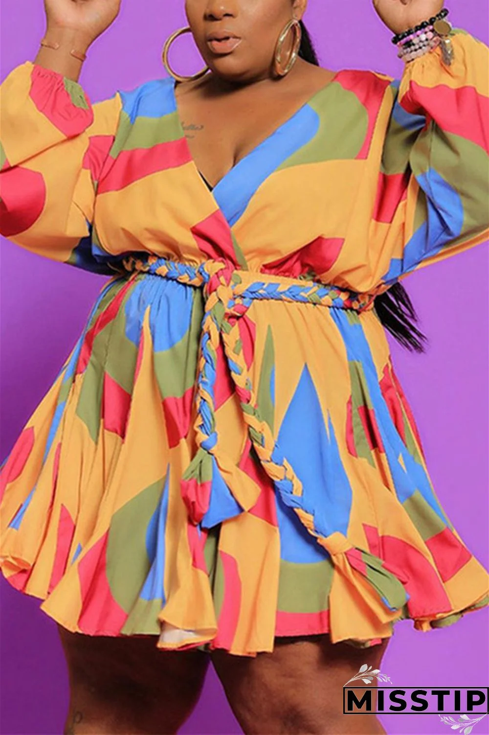 Orange Sexy Print With Belt V Neck A Line Plus Size