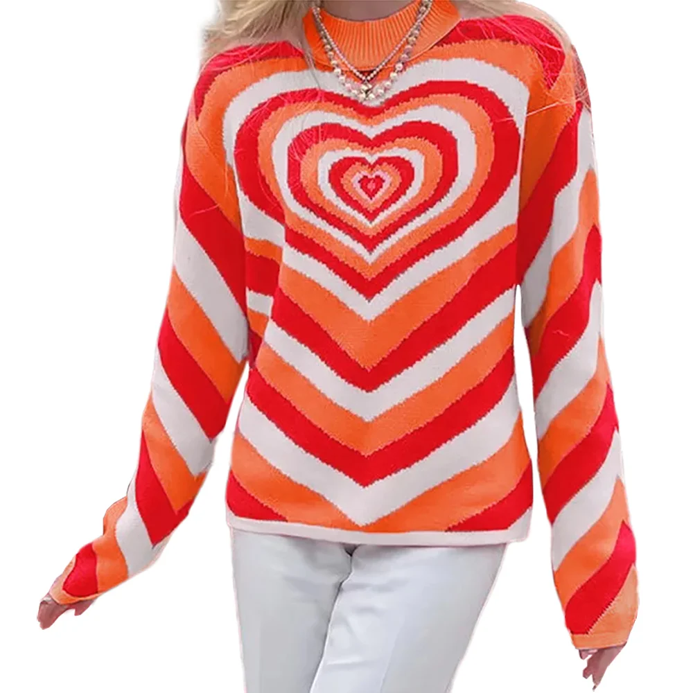 Orange Rainbow Heart Print Color Block Sweater