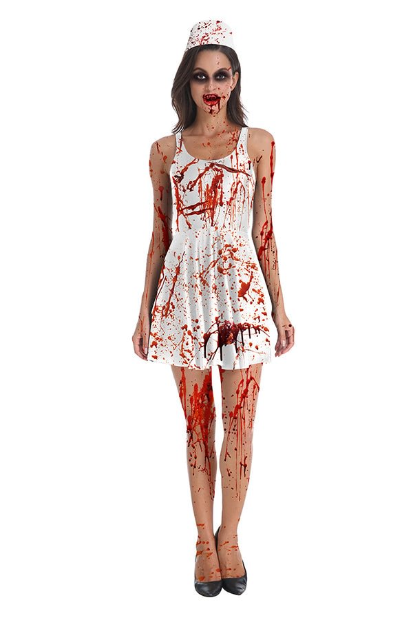 Scary Bloody Zombie Nurse Halloween Costume Dress White-elleschic
