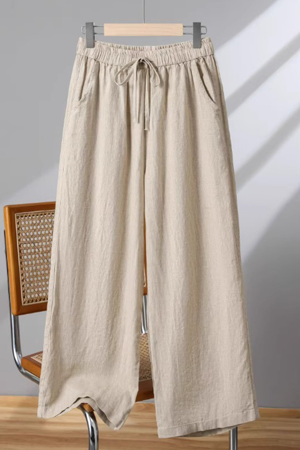Plus Size Casual Apricot Cotton And Linen Drawstring Elastic High Waist Wide Leg Pants 2024 - Flycurvy 