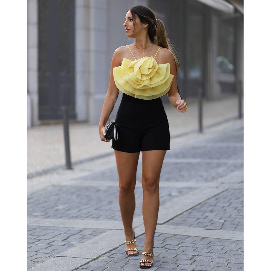 2025 New 3D Flowers Tulle Suspender Tube Top Yellow Two Piece Set
