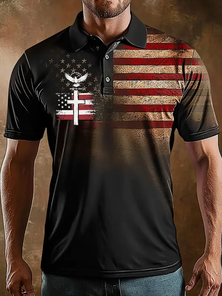 Men's Retro Independence Day Flag Print Polo Shirt