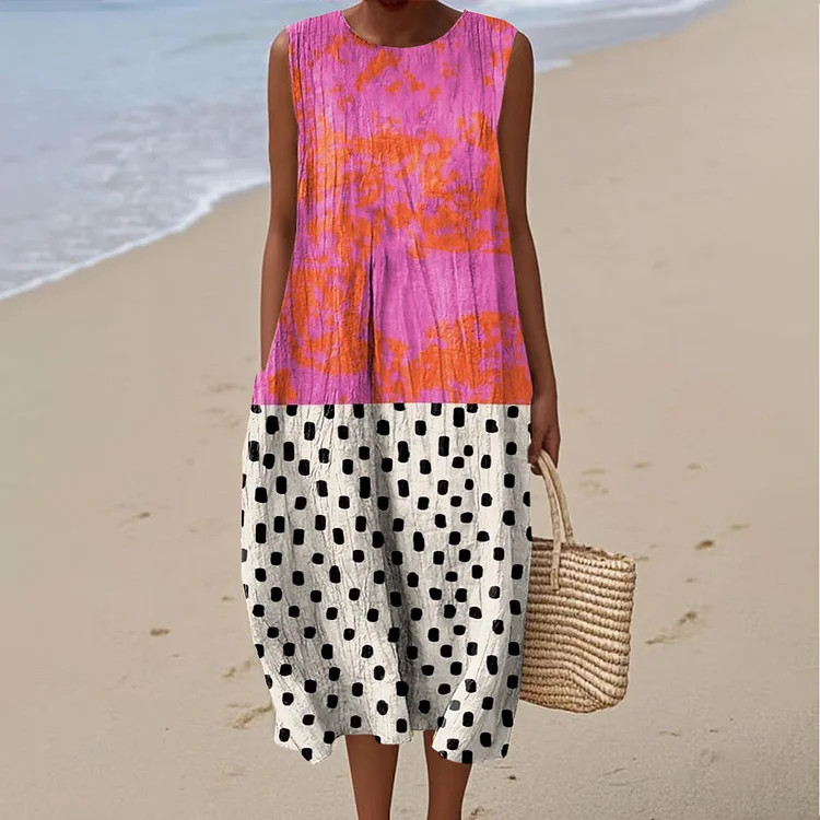 Women's Fashion Color Block Art Print Sleeveless Cotton Pocket Wrap Dress
