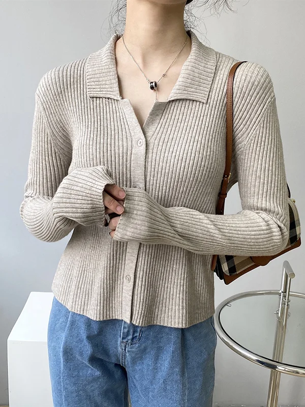 Original 7 Colors Buttoned Lapel Collar Long Sleeves Cardigan Top