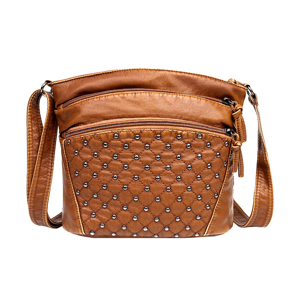 

Retro Washed Soft PU Messenger Bag Multi Pocket Rivet Shoulder Pouch, Brown, 501 Original