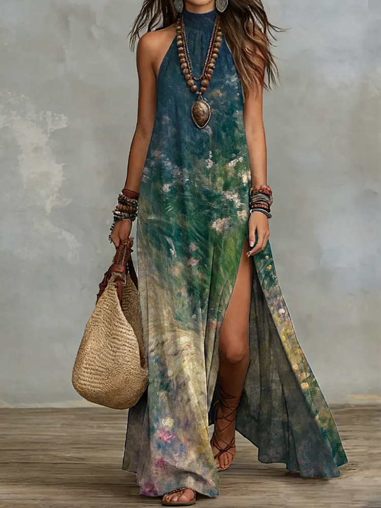 Bohemian Retro Oil-painting Print Halter Maxi Dress With Slit &acirc;&euro;&rdquo; Vacation-style Cotton-linen Printed Dress
