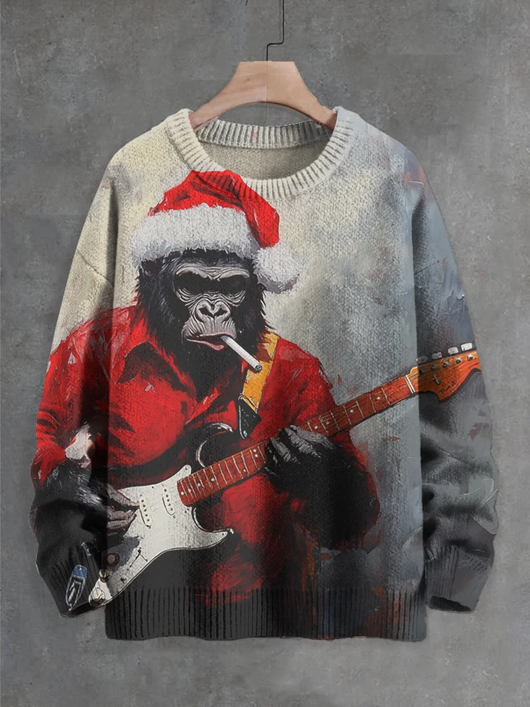 Men's Smoking Monkey Playing Guitar Print Knit Sweatshirt