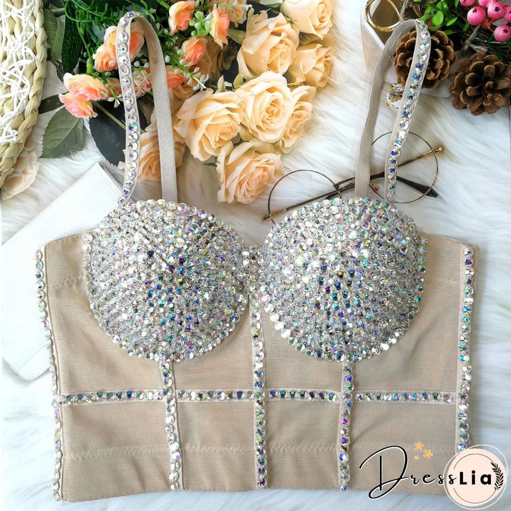 Multi Color Diamantes Women Sexy Push Up Crop Top Shiny Corset Bustier Camisole Nightclub Dance Camgirl Vest Black Nude