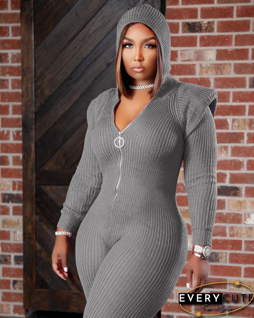 Knitted Long Sleeve Shoulder Padded Hooded Jumpsuit