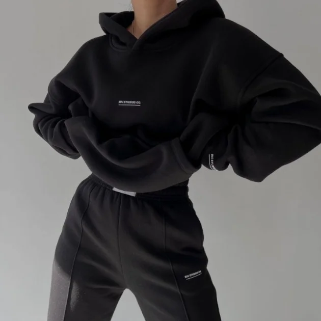 Nigikala Nigikala 2025 New Casual Plus Velvet Long-Sleeved Hooded Hooded Trousers Set For Women