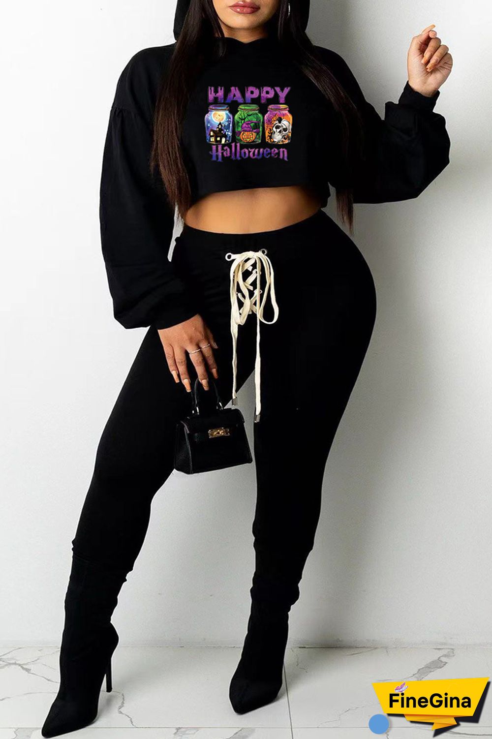 Black Fashion Casual Print Basic Hooded Collar Long Sleeve Two Pieces