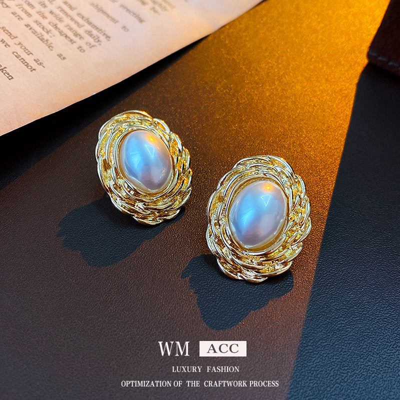 Mid-century Modern Ellipse Geometric Artificial Pearl Electroplating Earrings