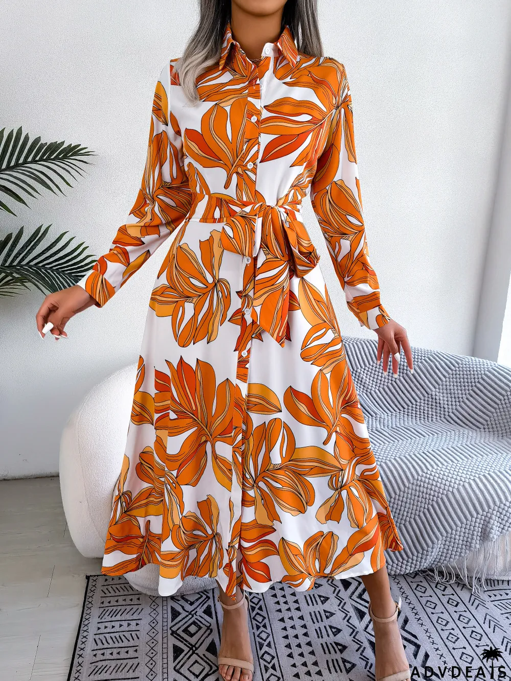 Women Color Block Floral Turndown Collar Tie Shirt Maxi Dress