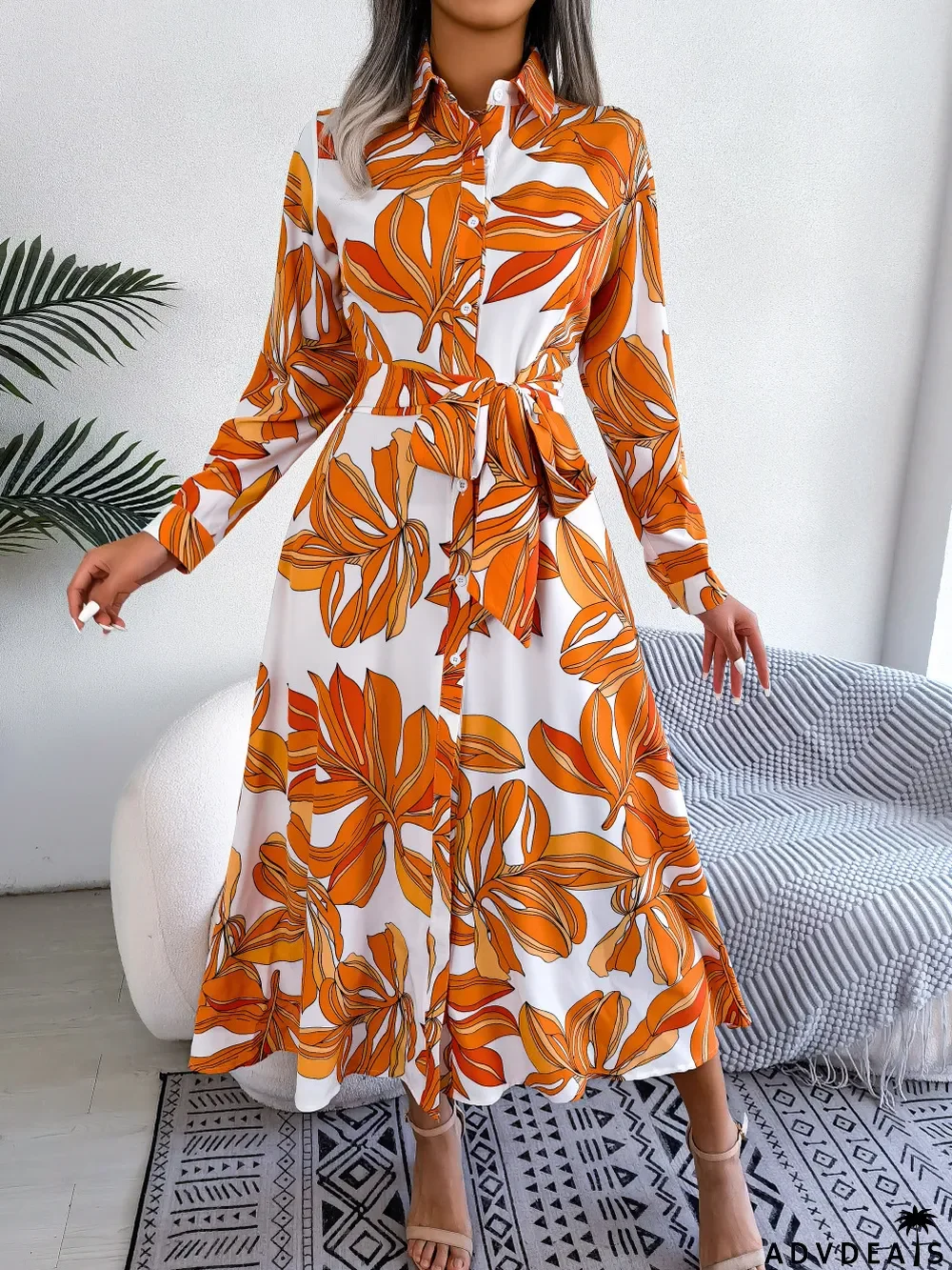 Women Color Block Floral Turndown Collar Tie Shirt Maxi Dress