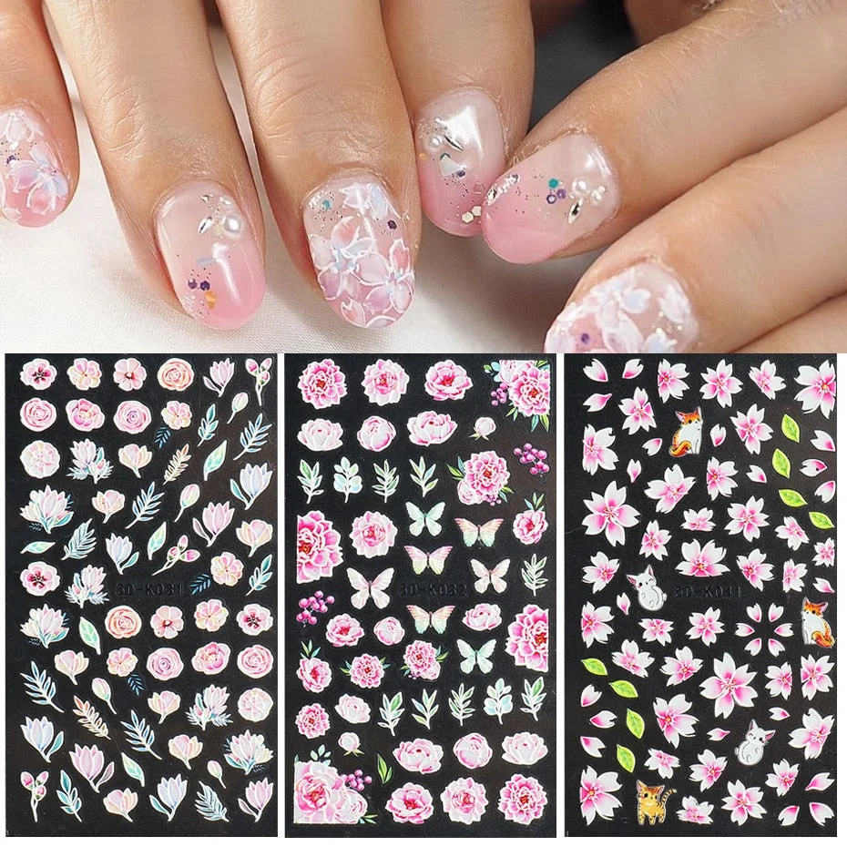 Nail Stickers Embossed 5D Flowers Leafs Designs Back Glue Nail Decals Decoration Tips For Beauty Salons-Nail Inspo
