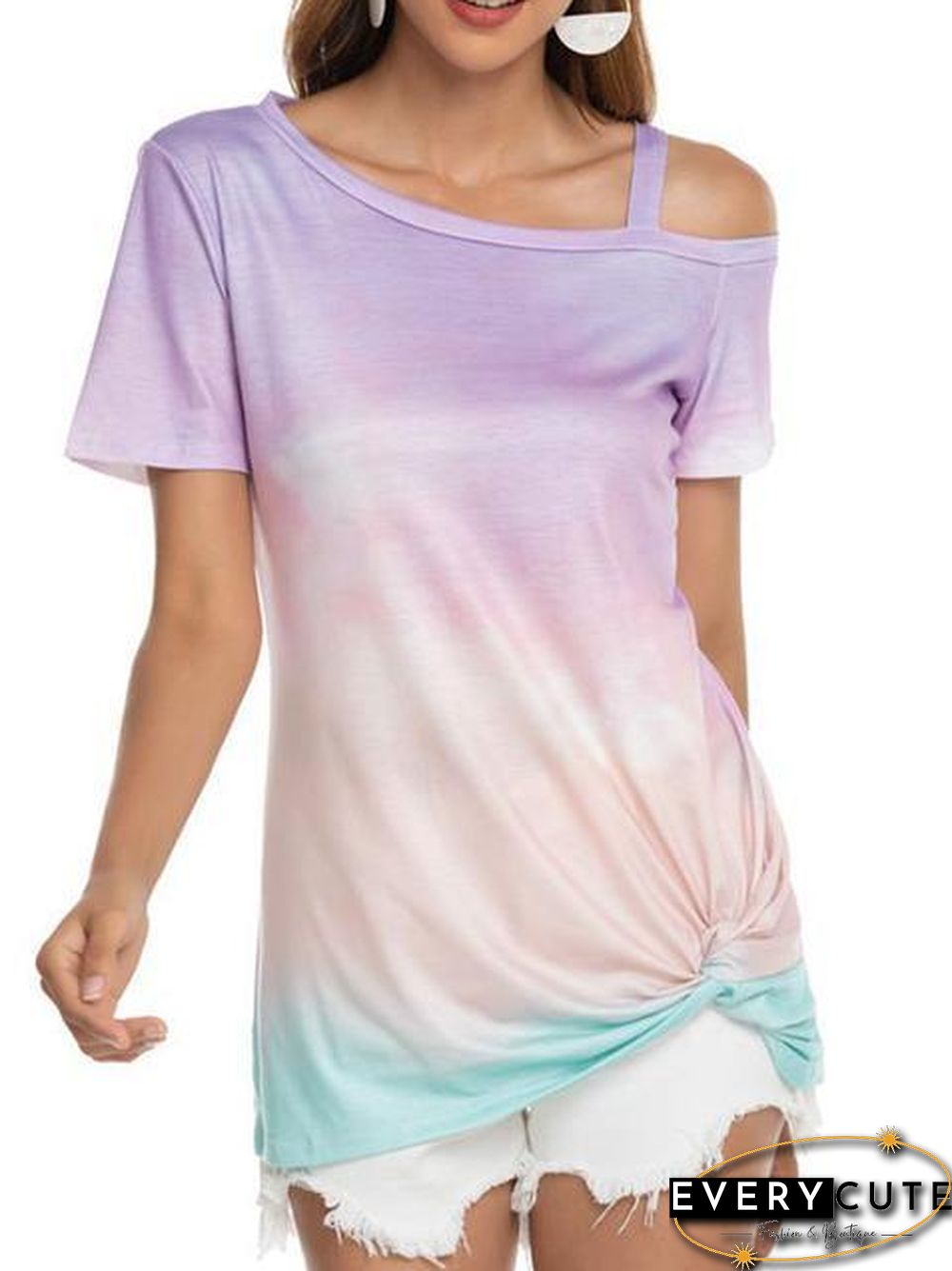Gradient Color Cold Shoulder Twisted T-Shirt
