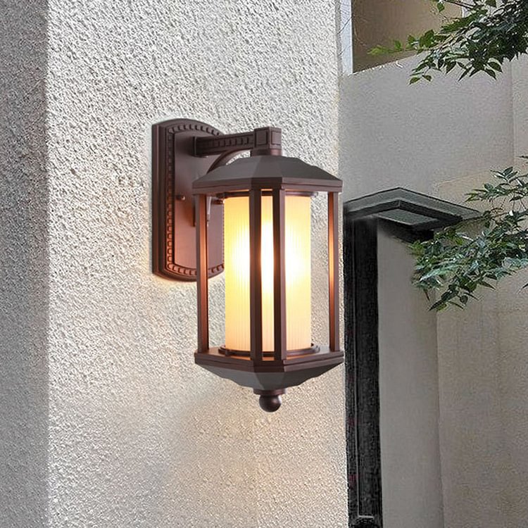 Dark Coffee Cylinder Wall Light Sconce Country Frosted Glass 1 Head Outdoor Wall Lighting Ideas with Frame