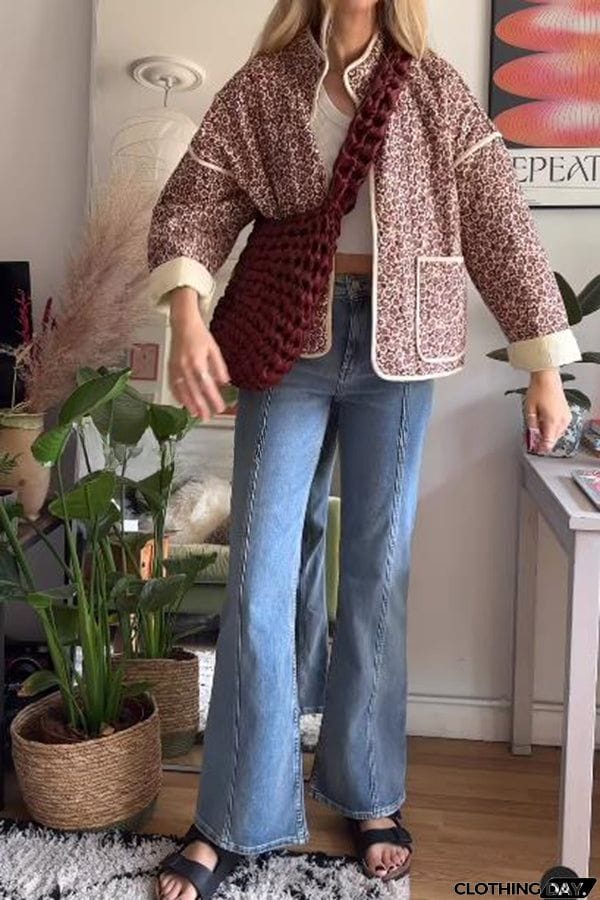 Floral Print Pocket Contrast Concealed Button Cotton Coat