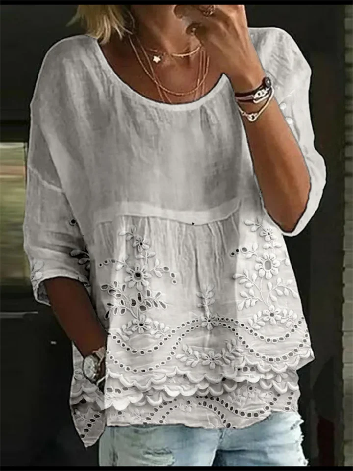 Summer Women's T-shirt Casual Printed Medium Sleeve Ruffled Round Neck Embroidery Top