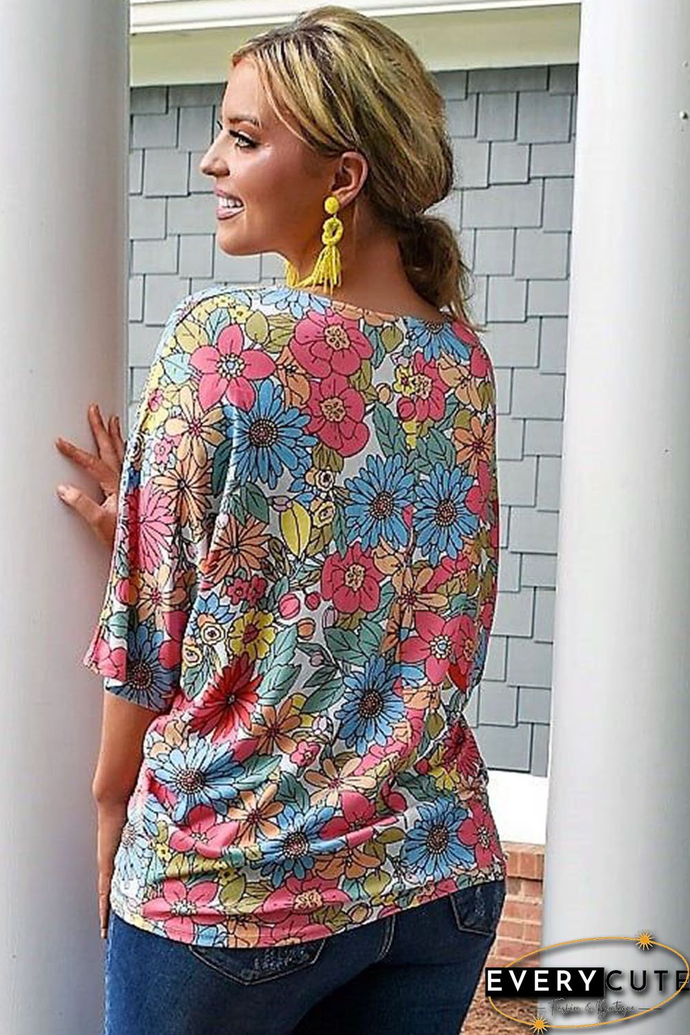 Multicolor Floral Print V Neck Half Sleeve Blouse