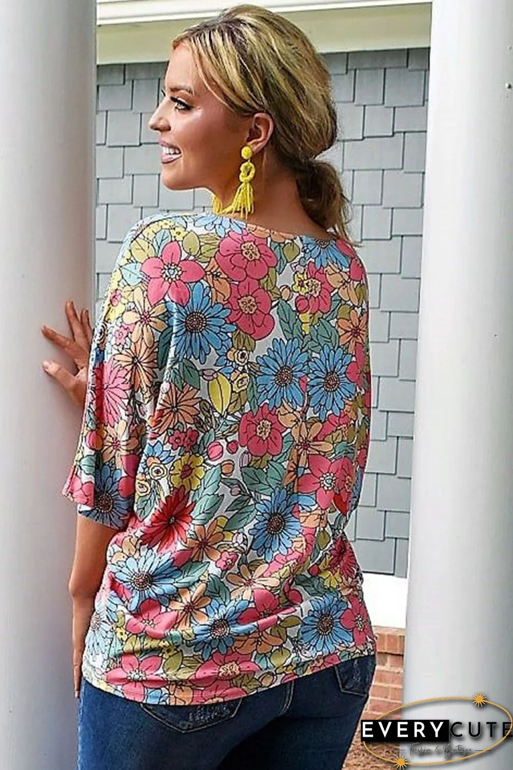 Multicolor Floral Print V Neck Half Sleeve Blouse