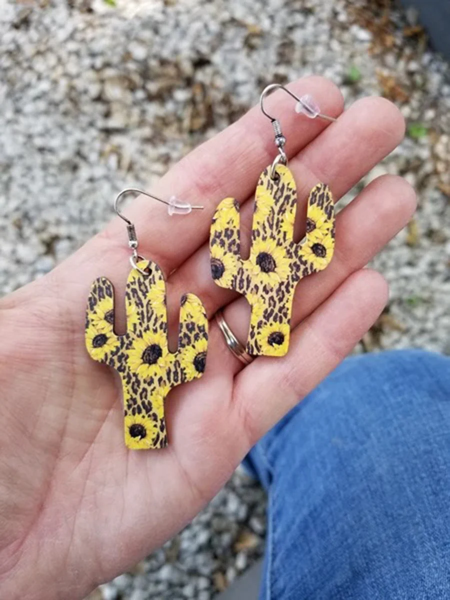Sunflower Printed Cactus Pattern Wooden Earrings