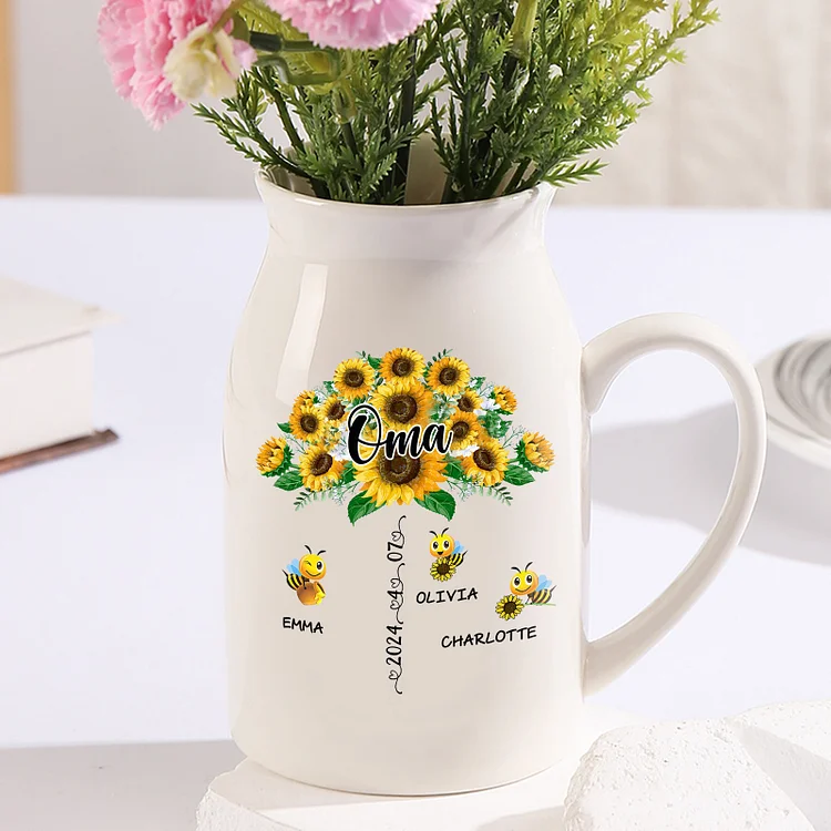 Personalisierte 3 Namen & Text & Datum Sonnenblume & Biene Familie Vase
