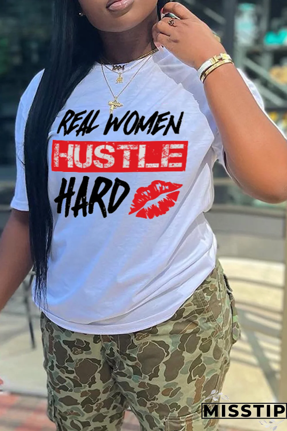 Red Street Print Letter O Neck T-Shirts