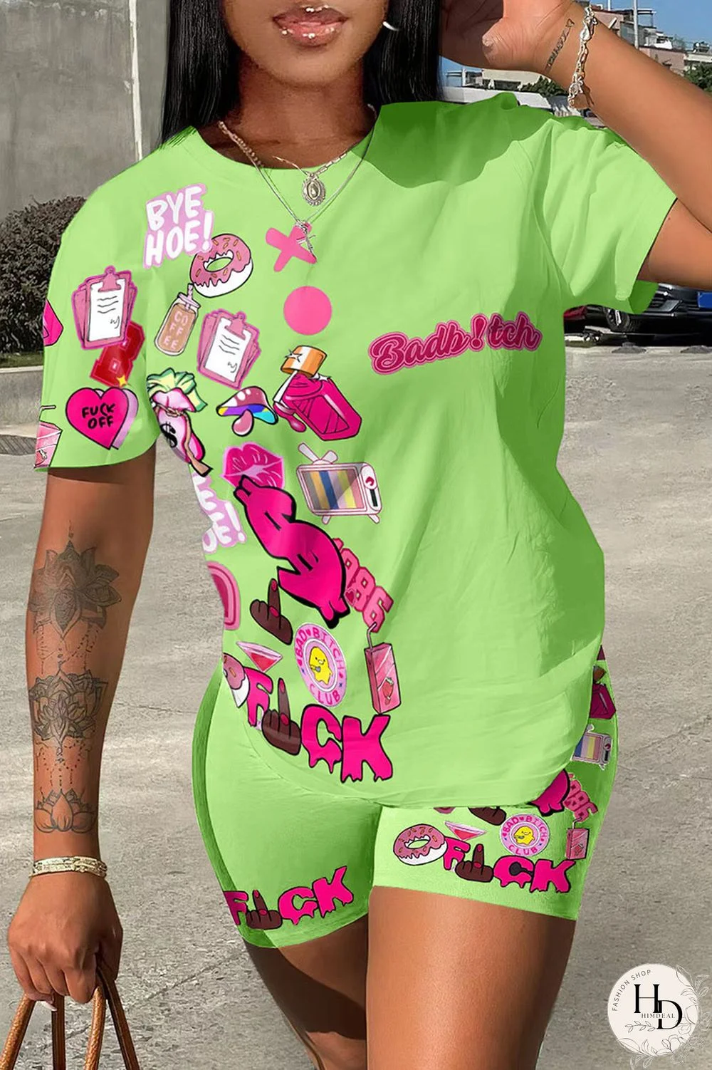 Fluorescent Color Casual Street Print Patchwork O Neck Short Sleeve Two Pieces