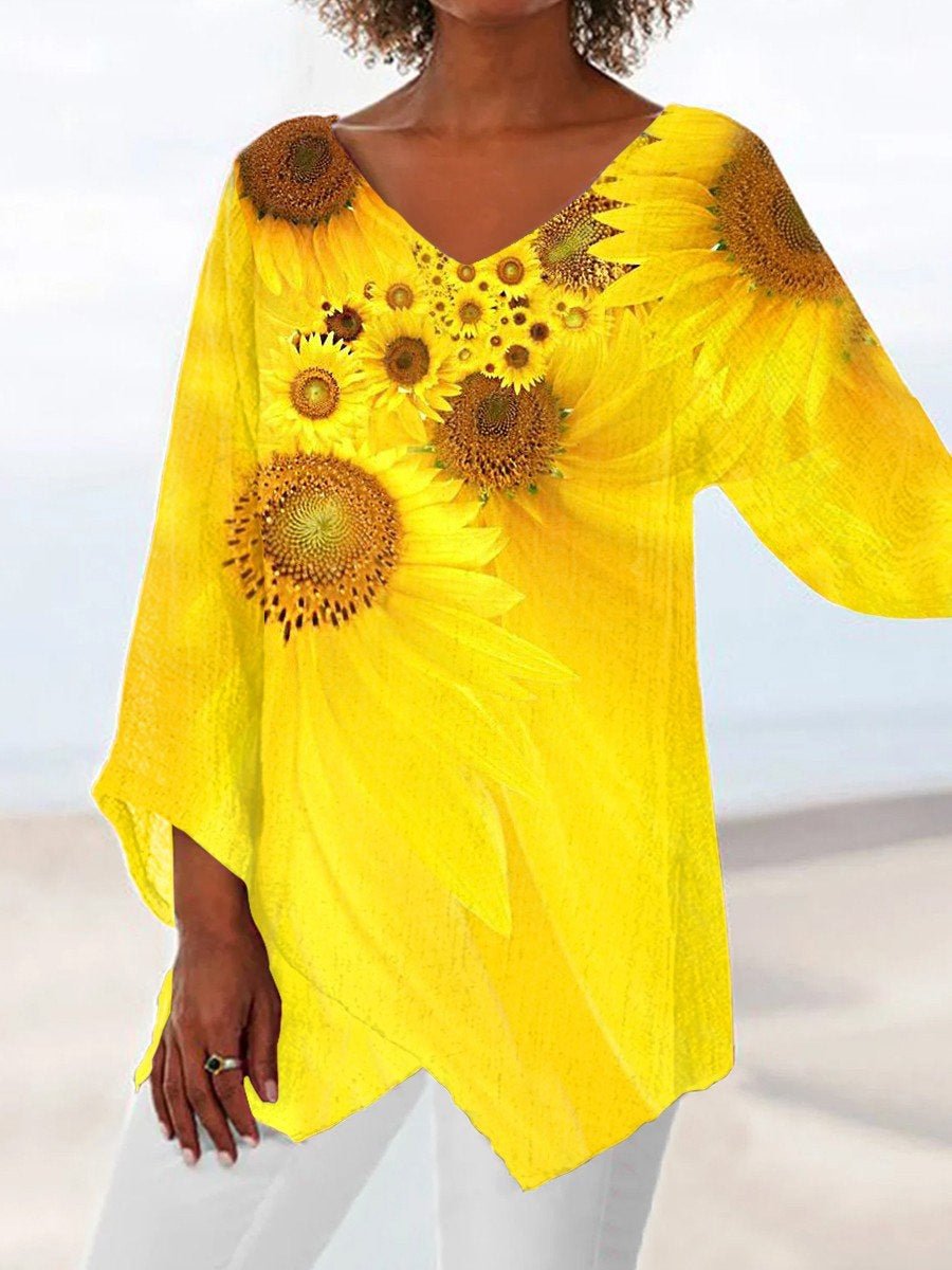 Women Asymmetrical 3/4 Sleeve V-neck Floral Printed Graphic Top Dress