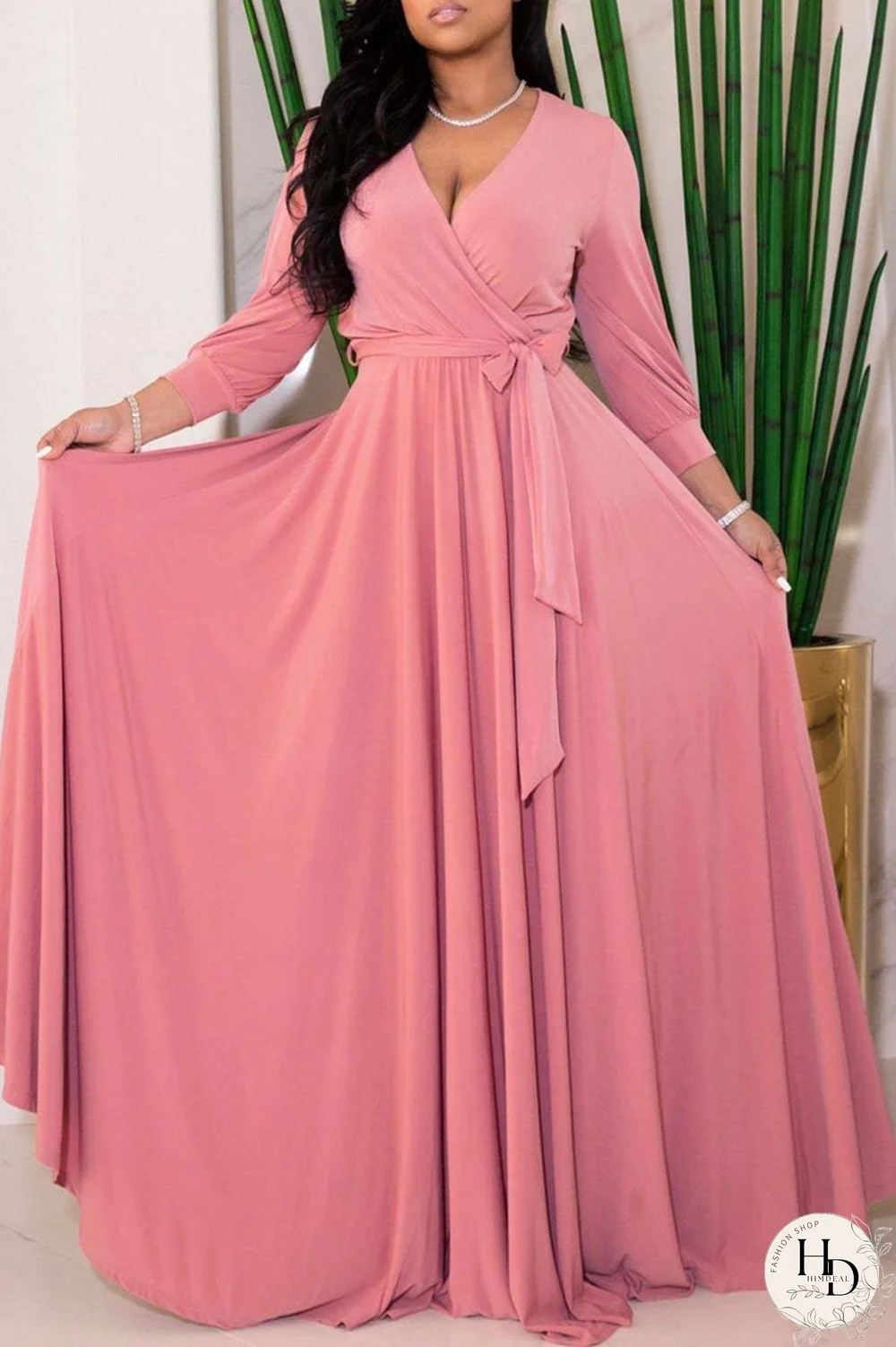 Rose Red Fashion Casual Solid Bandage V Neck Long Sleeve Dresses