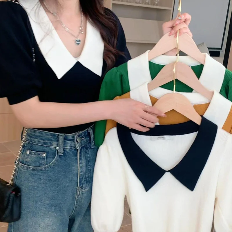 Uveng Uveng Retro Bubble Sleeve Knitted T-Shirt Women Design Small Short Top Summer New Ice T-Shirt Tide