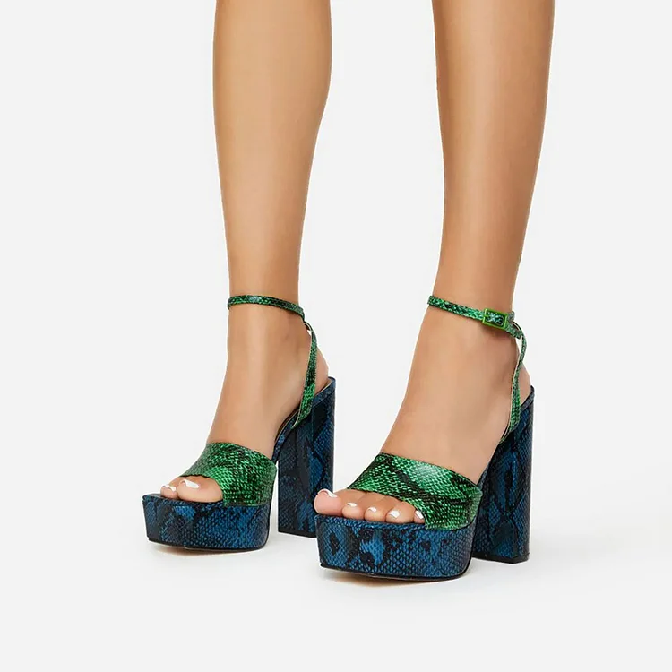 Navy & Green Snakeskin Print Sandals Ankle Strap Platform Chunky Heels |FSJ Shoes