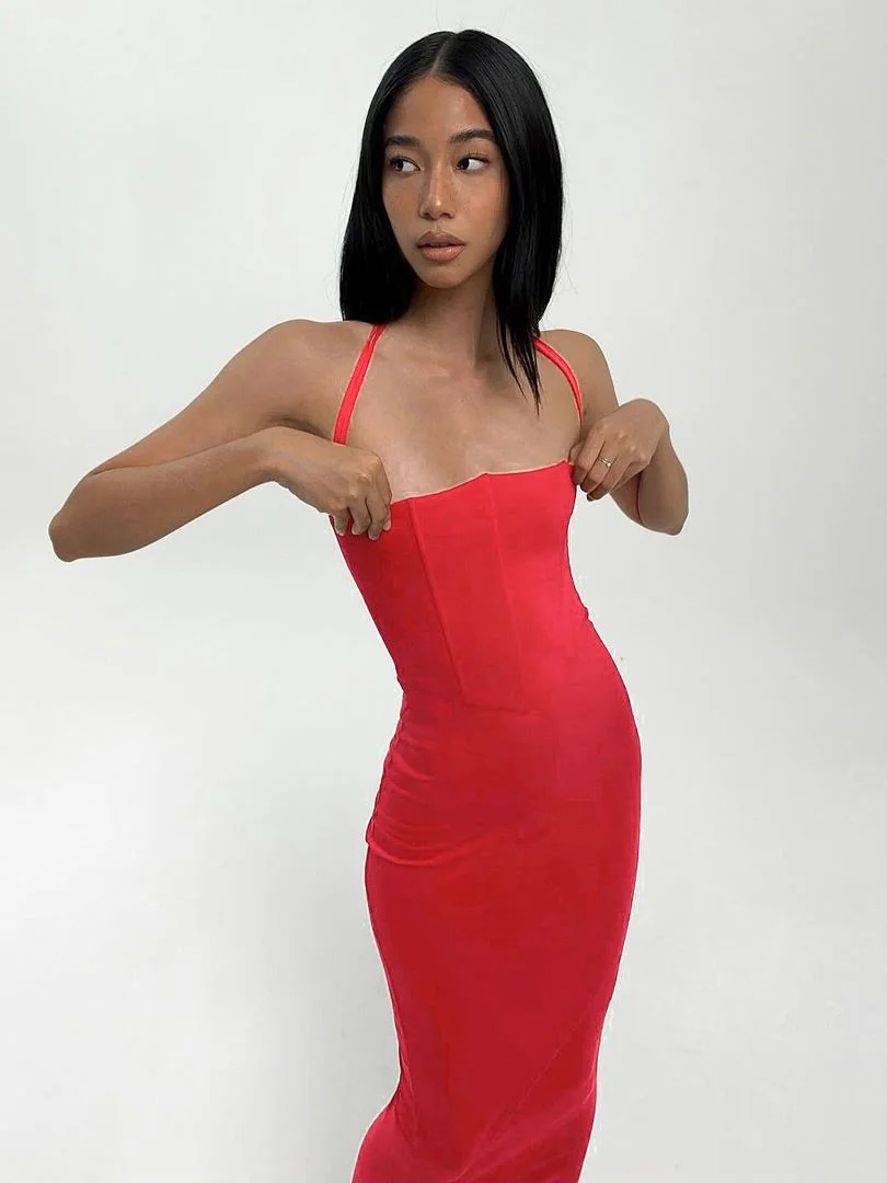 Summer Halter Hot Sexy Backless Sleeveless Slip Maxi Dress for Women Elegant Party Bodycon Red Corset Dresses New