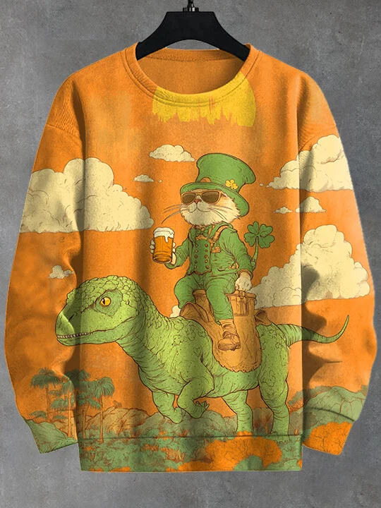 Men's Retro St.Papa Cat Beer Dinosaur Surreal Art Casual Sweatshirt