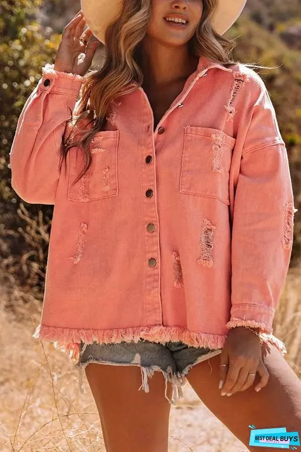 Distressed Raw Hem Denim Jacket with Chest Pockets