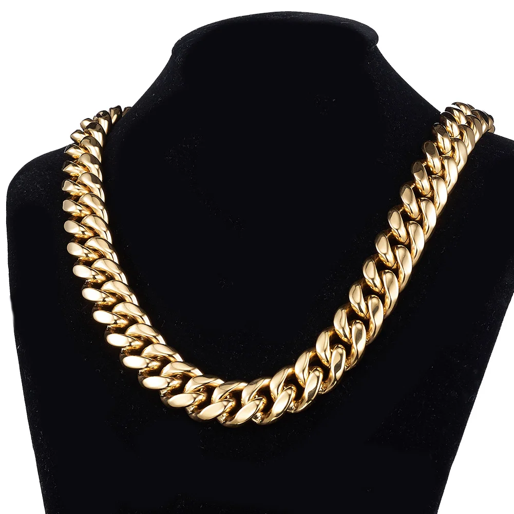 Mens Heavy Duty Cuban Chain Solid Gold Plated Necklace Bracelet 7 inches-36 inches Titanium Stainless Steel Men's Women's Necklace
