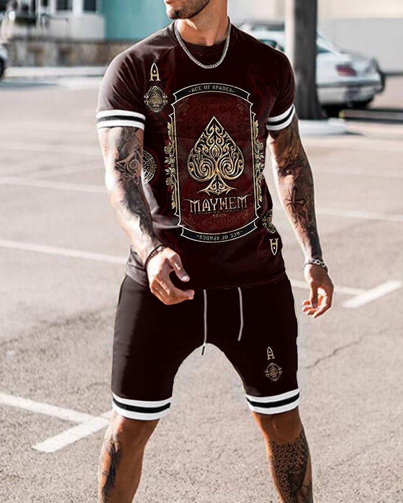 Men's Brown-gold Poker Printed Sports Shorts Suit