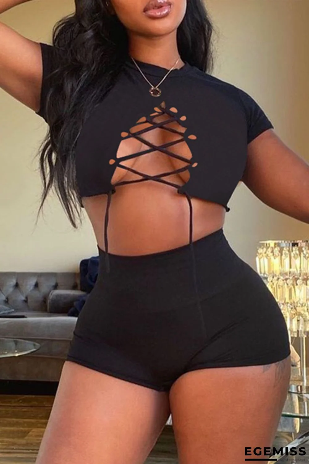 Black Fashion Sexy Solid Bandage Hollowed Out O Neck Short Sleeve Two Pieces | EGEMISS