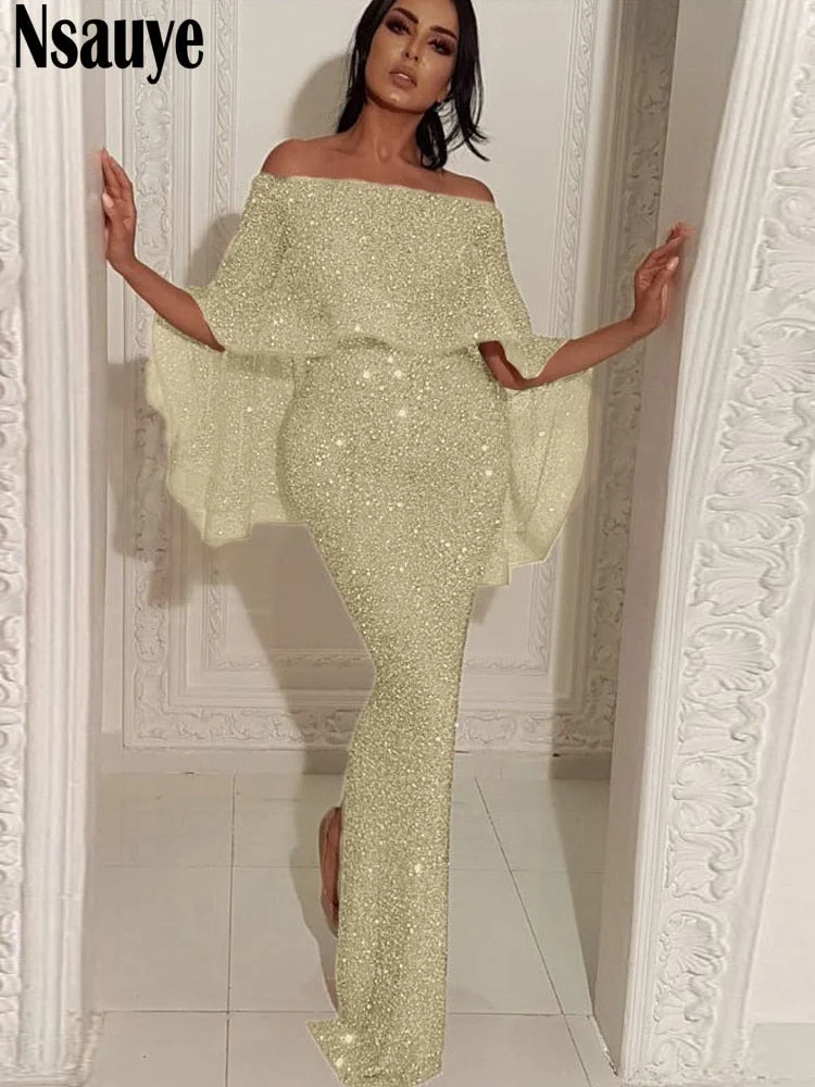 Nsauye 2022 Bling Glitter Elegant Party Evening Maxi Dress Y2K Bodycon Sexy Women Summer Off Shoulder Ruffles Solid Long Dresses