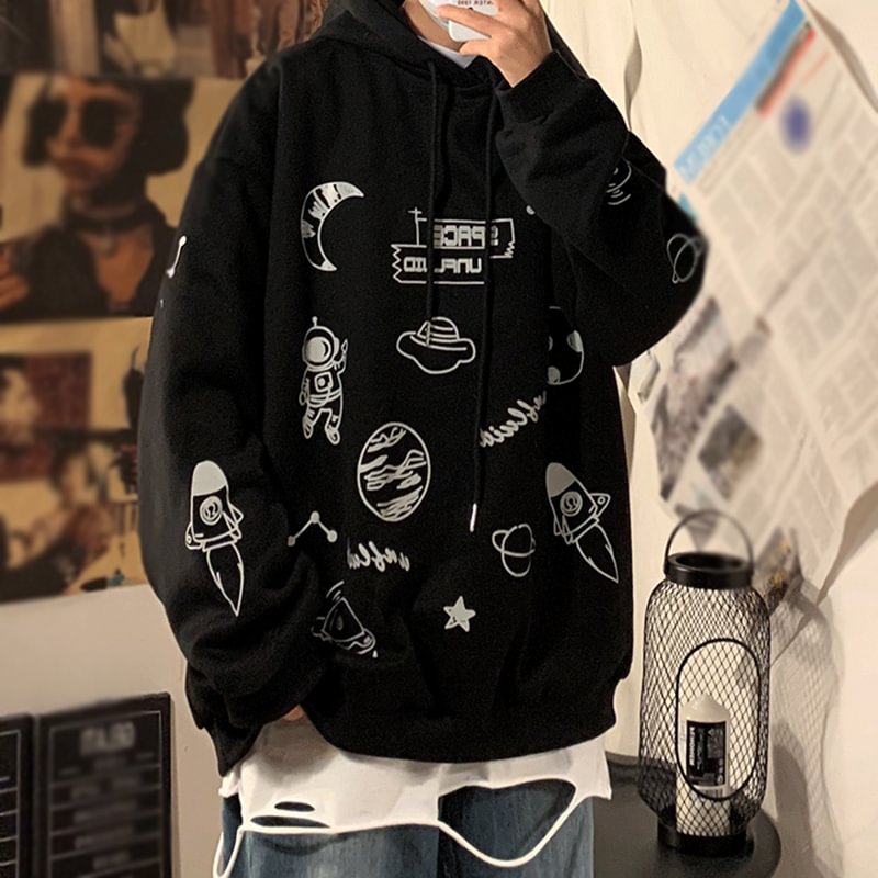 Basic Reflective "Space" Drawing Print Hoodie