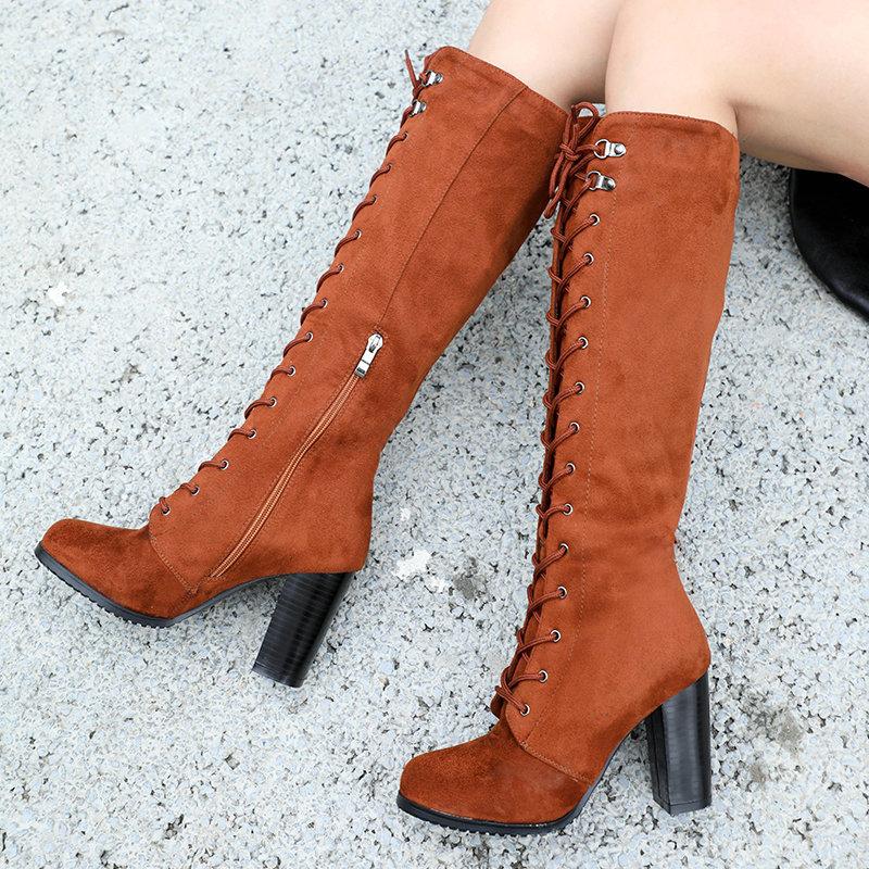 Women lace-up chunky high heel combat boots riding boots
