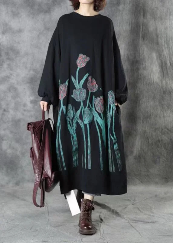 Oversized Black O Neck Print Thin Warm Fleece Dress Spring