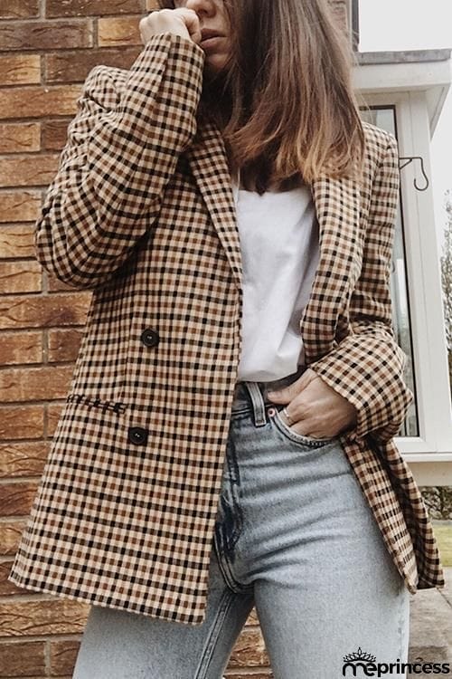 Plaid Button Long Sleeve Blazer