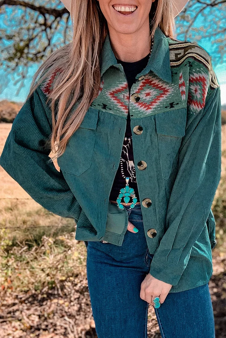 Women Aztec Corduroy Shacket Jacket Long Sleeve Button Down With Pocket Top For Fall & Winter