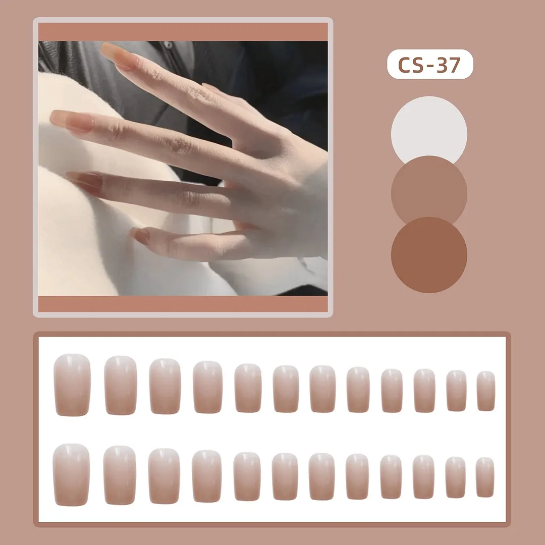 Girls Candy Pink Color False Nails Women Nature Nude Jelly Fake Nail Short Round Head Full Cover Nail Art Tips With Glue 24pcs-Nail Inspo