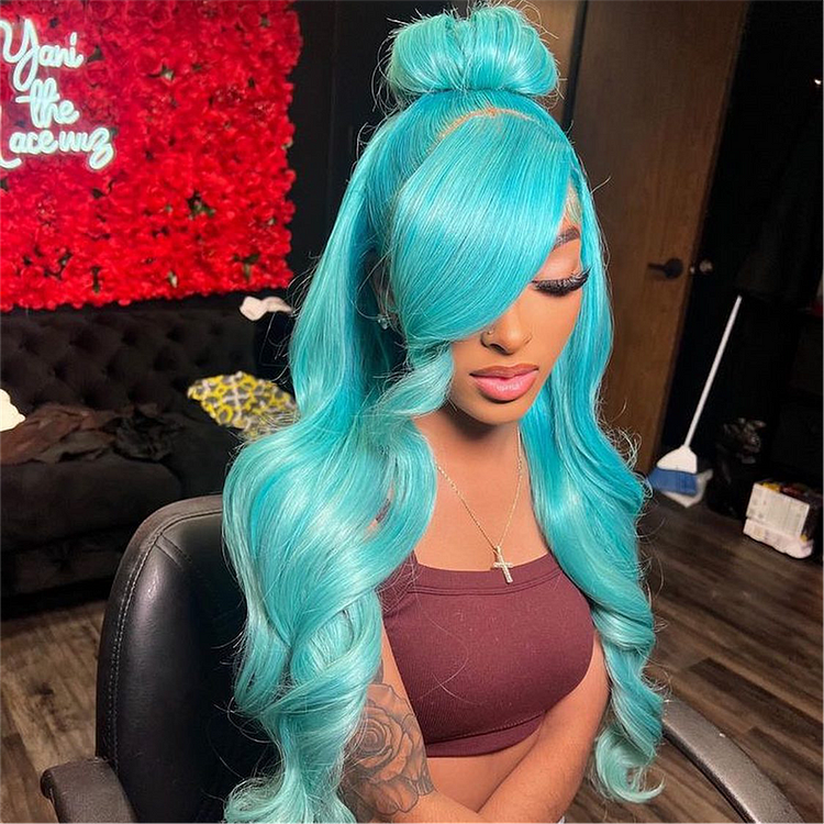 Bright Blue Full Frontal Lace Front Wig 100% Human Hair Cosplay Wigs
