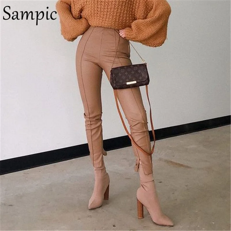 Toloer 2021 Autumn Design Slit Women Khaki Skinny Leather Pants Ladies High Waisted Slim PU Zip Up Winter Pencil Trouser