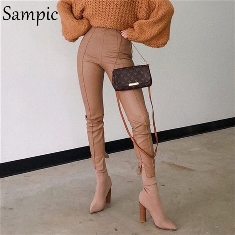 Sampic 2021 Autumn Design Slit Women Khaki Skinny Leather Pants Ladies High Waisted Slim PU Zip Up Winter Pencil Trouser